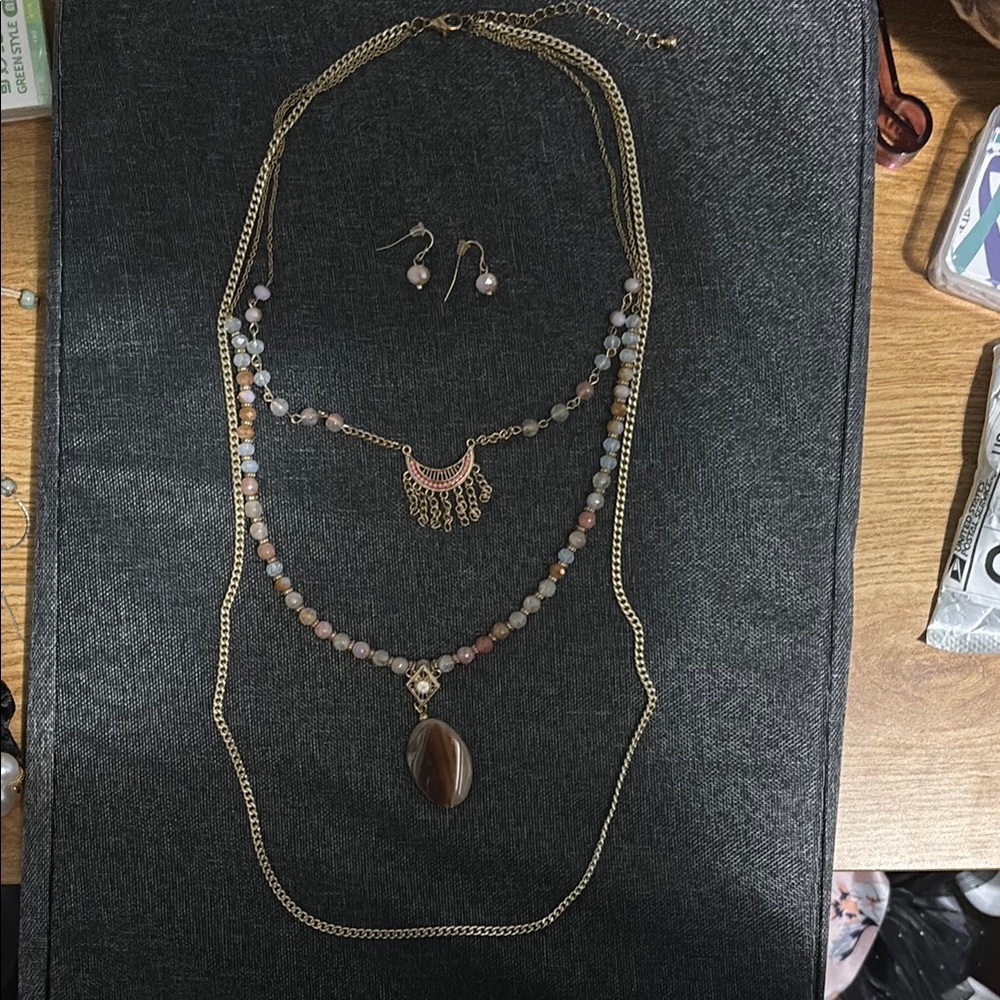 Gold, Pink, Blue and Brown Layered Necklace Set